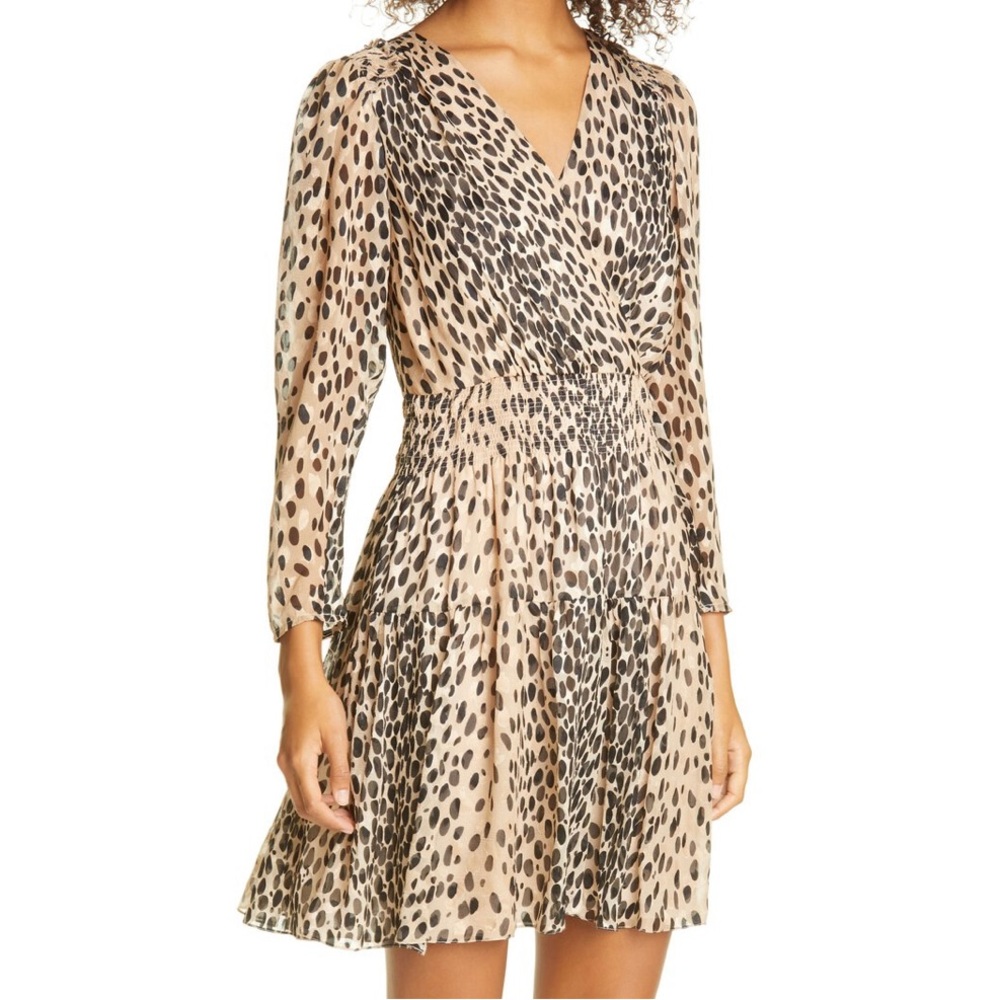 REBECCA TAYLOR Long-Sleeve Silk Leopard Print Short Dress Size Small Run…
